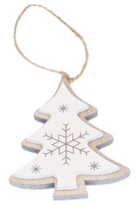 Decoratie Hanger Wood Kerstboom White & Koord 7.5x10cm 1stuks